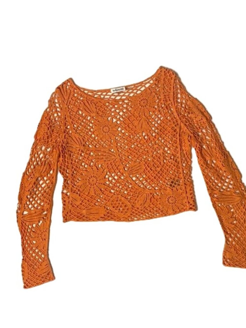 Paparazzi Crochet Mesh Open Knit Top Orange Med Long Sleeve Boho Festival Beach - Picture 6 of 16